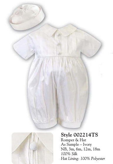 Classic Silk Romper and Hat w  intricate Pleat Details & Hat  - Ivory