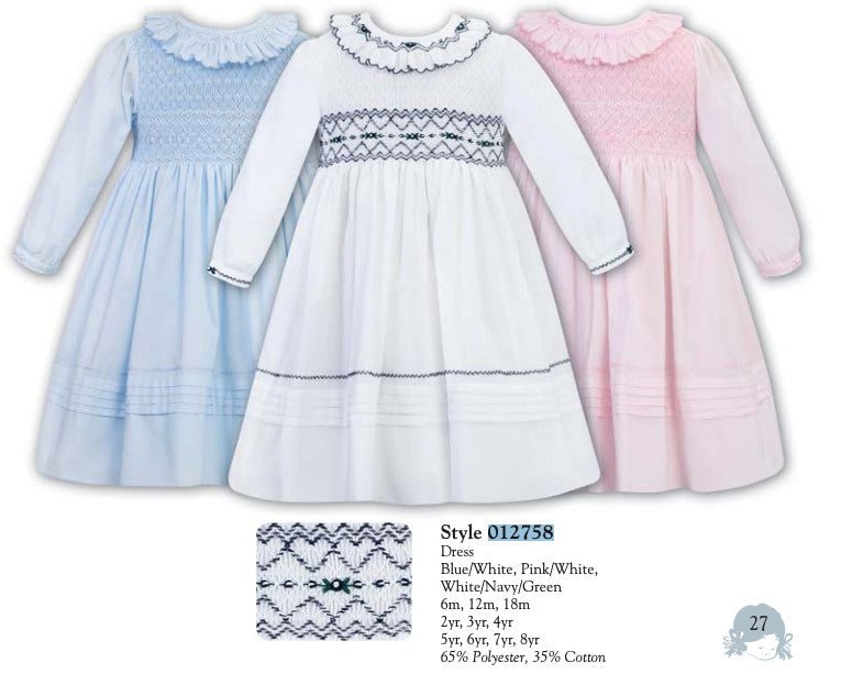Pink/ White Smocked Dress Ruffle Collar - LS
