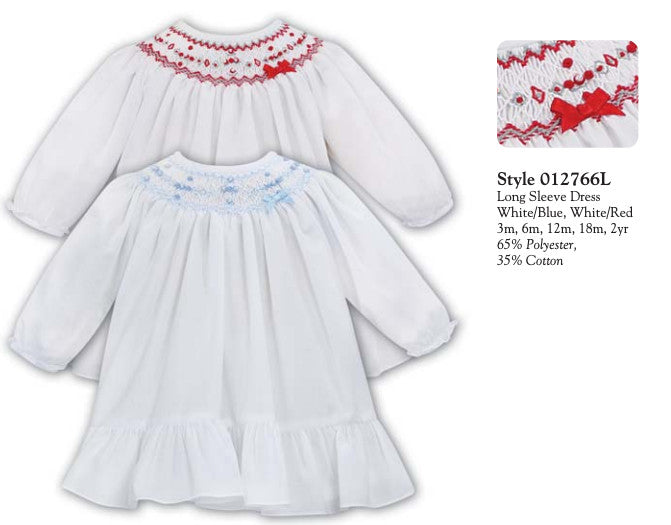 White Long Sleeved Dress w Blue Threaded Detailed Collar