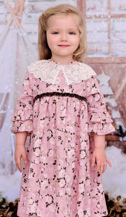Pink Floral Dress with Lace Collar & Tiered Ruffle Sleeves