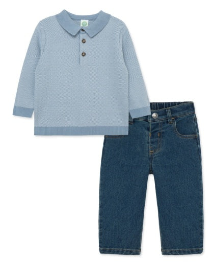 Birds Eye Blue Knit LS Polo w/Jeans Set-Toddler