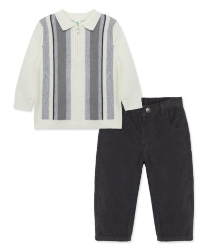 Intarsia Knit Polo LS w/Gray Cord Pants Set-Toddler