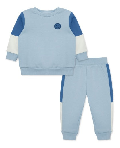 Blue Colorblock 2pc Sweatshirt Set w/Smile Face-Infant