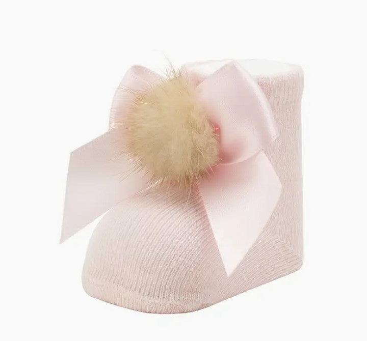 Soft Pink Newborn Socks with Bow and Fur - Gift