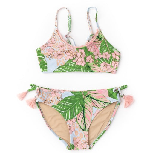 Botanical Palms Girls Crochet Trim Tie Back Bikini