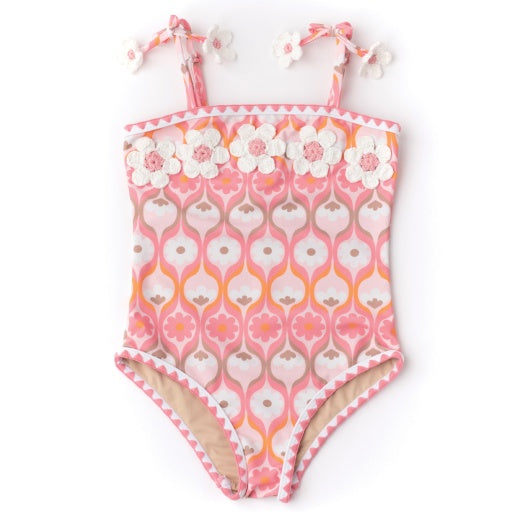 Summer Sorbet Girls Crochet Daisy PomPom One Piece Swimsuit