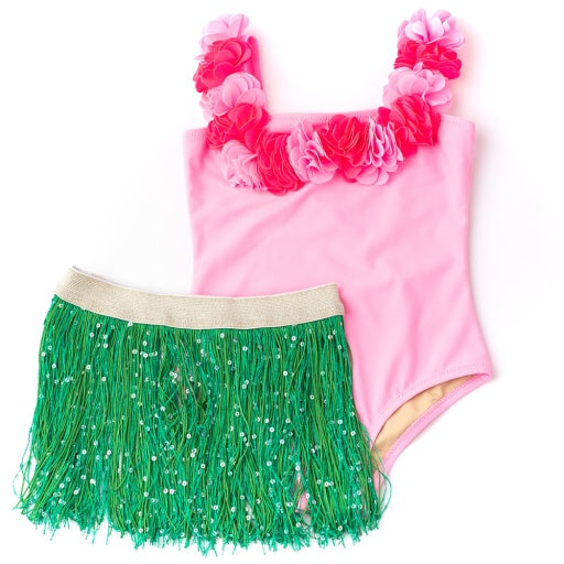 hula lei 1pc & fringe skirt - light pink