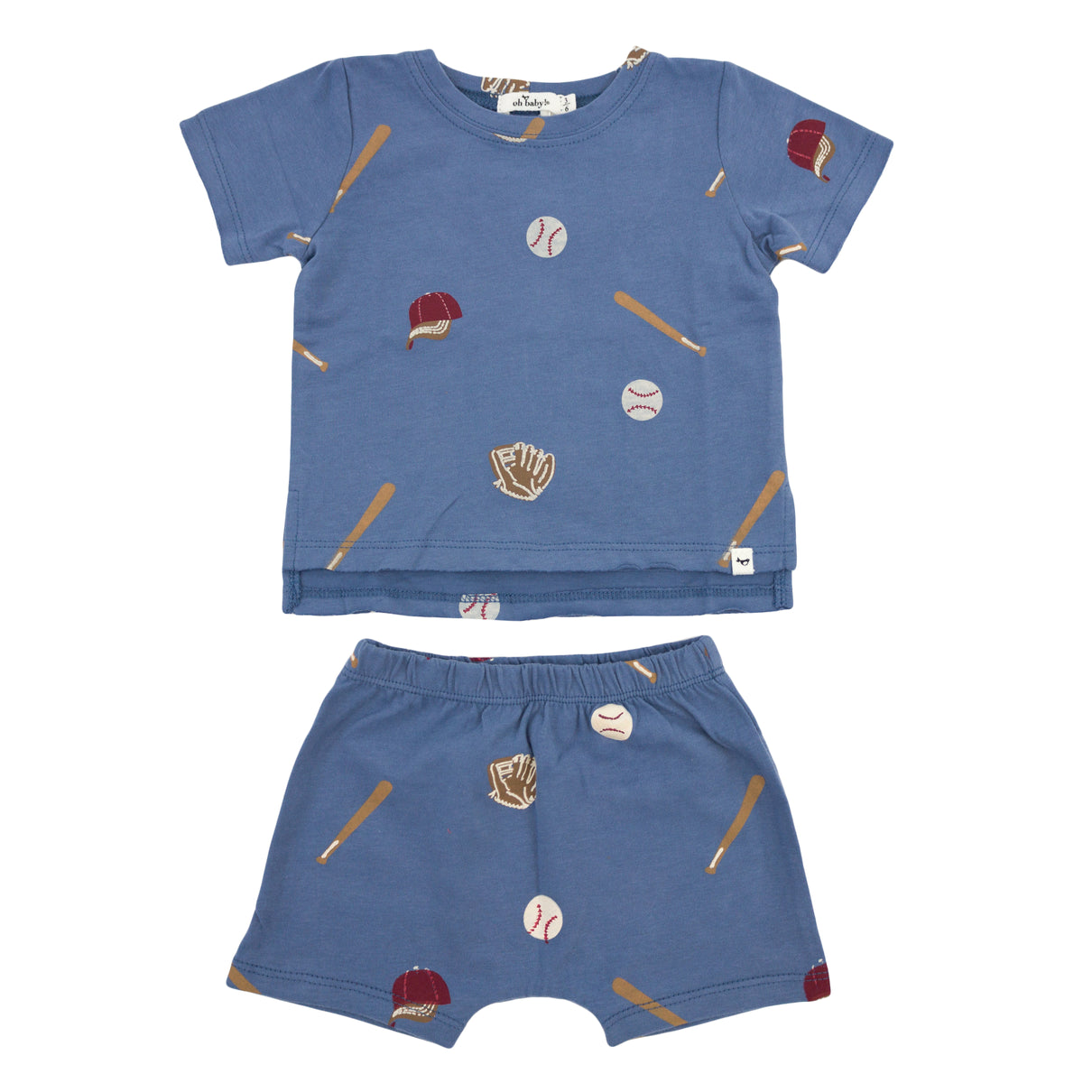 Baseball Print Raw Edge Tee Short Set- Denim