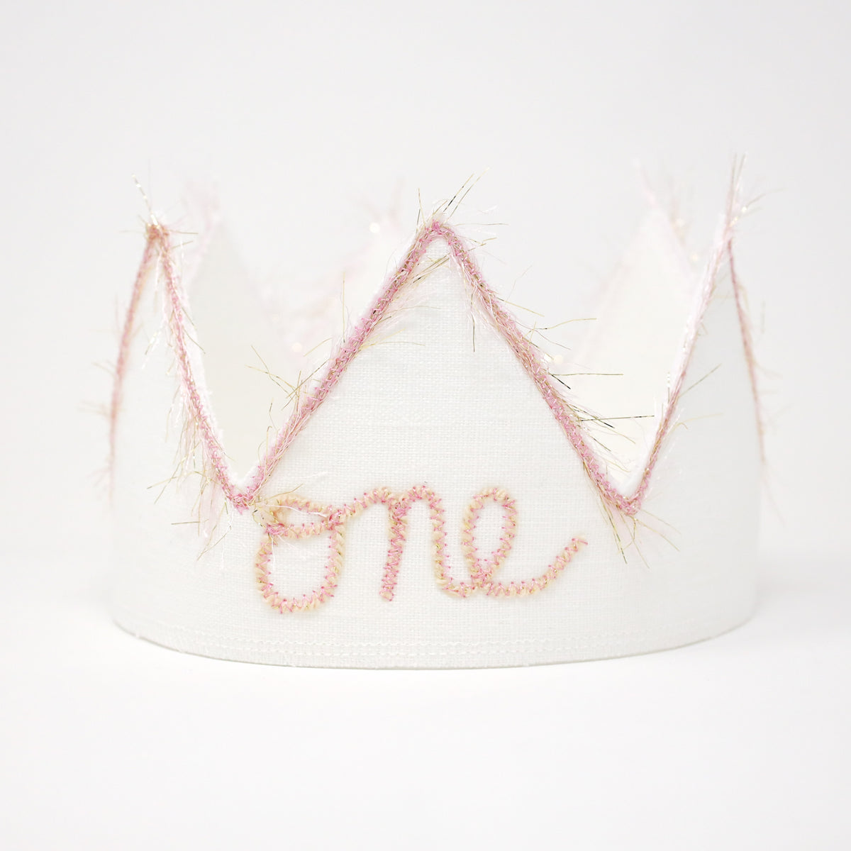 First Birthday Crown - "One" with Blush/Gold Trim on Oyster Linen