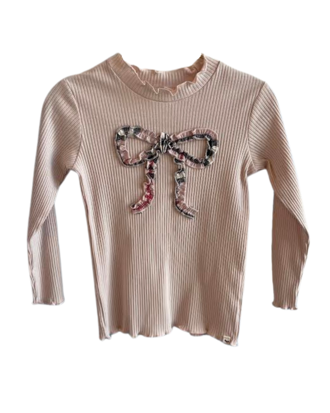 Dusty Pink Tartan Ruffle Bow Mockneck Long Sleeve Top