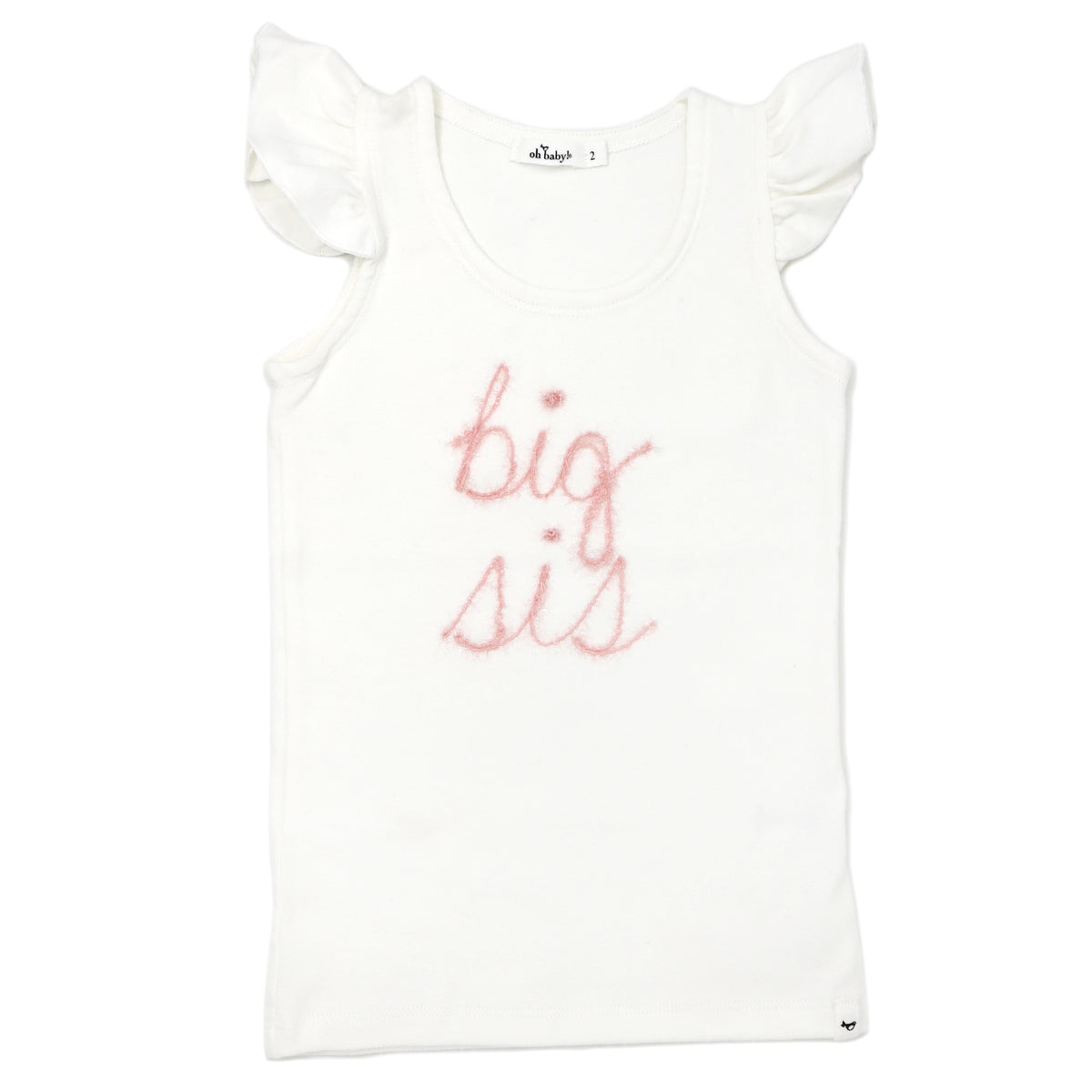 "big sis" Pink Embroidered Cotton Baby Rib Flutter Sleeve Tank-Cream