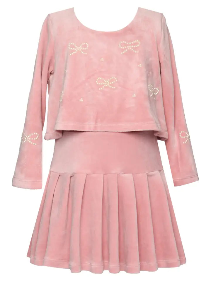 VELOUR TWOFER DRESS W/ PEARL BOW HOTFIX - PINK