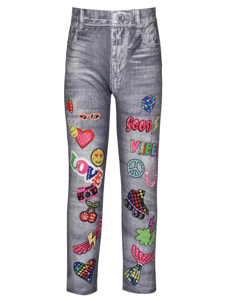 Black Multi Denim Print Legging w/Rhinestones