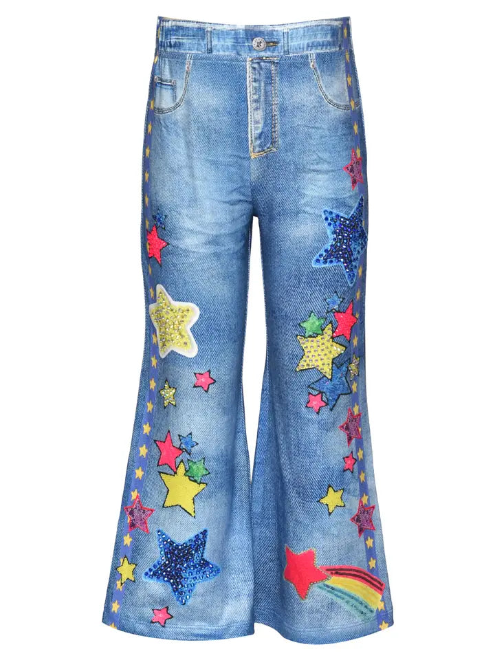 Blue Multi Flared Denim Printed Pants