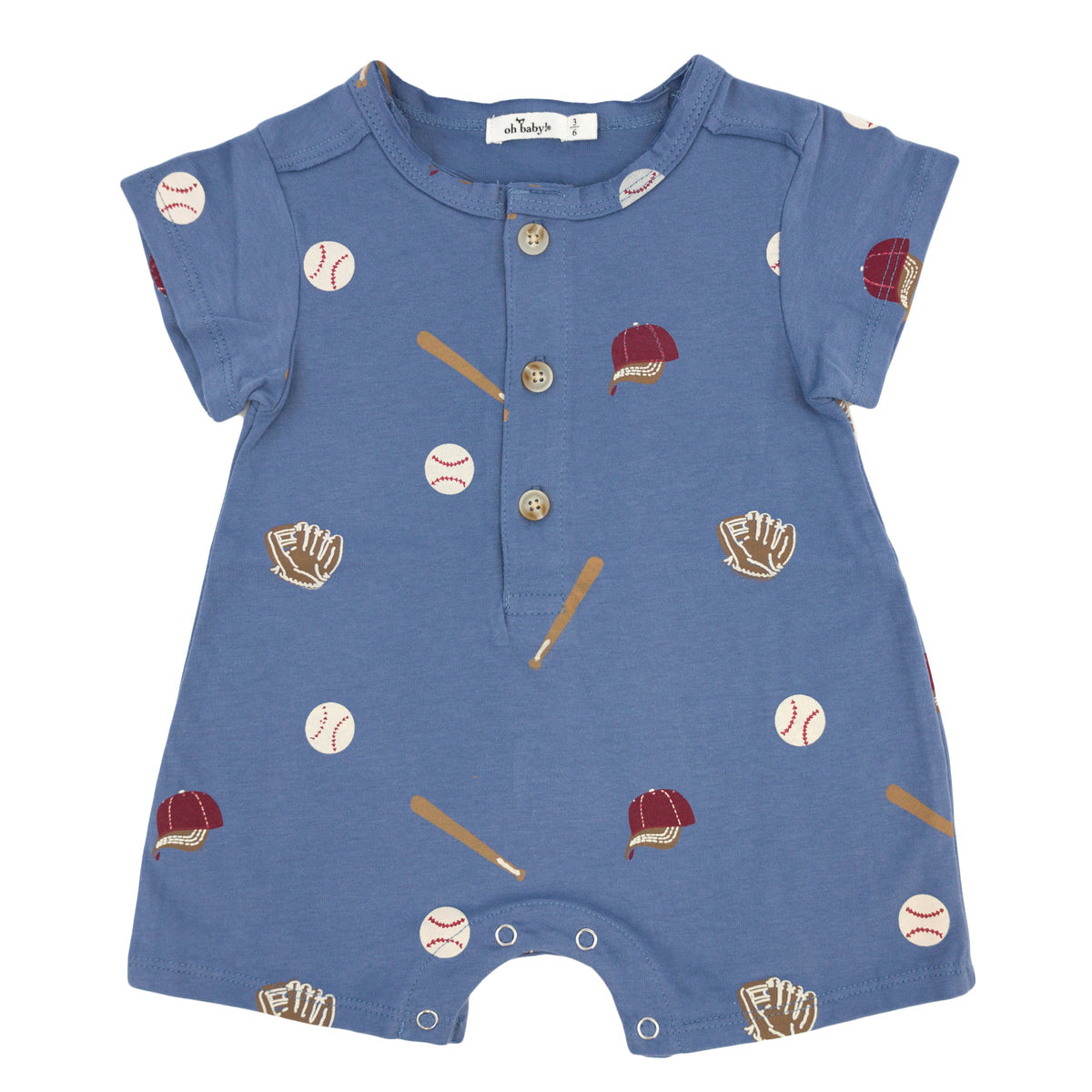 Baseball Print SS Button Neck Romper- Denim