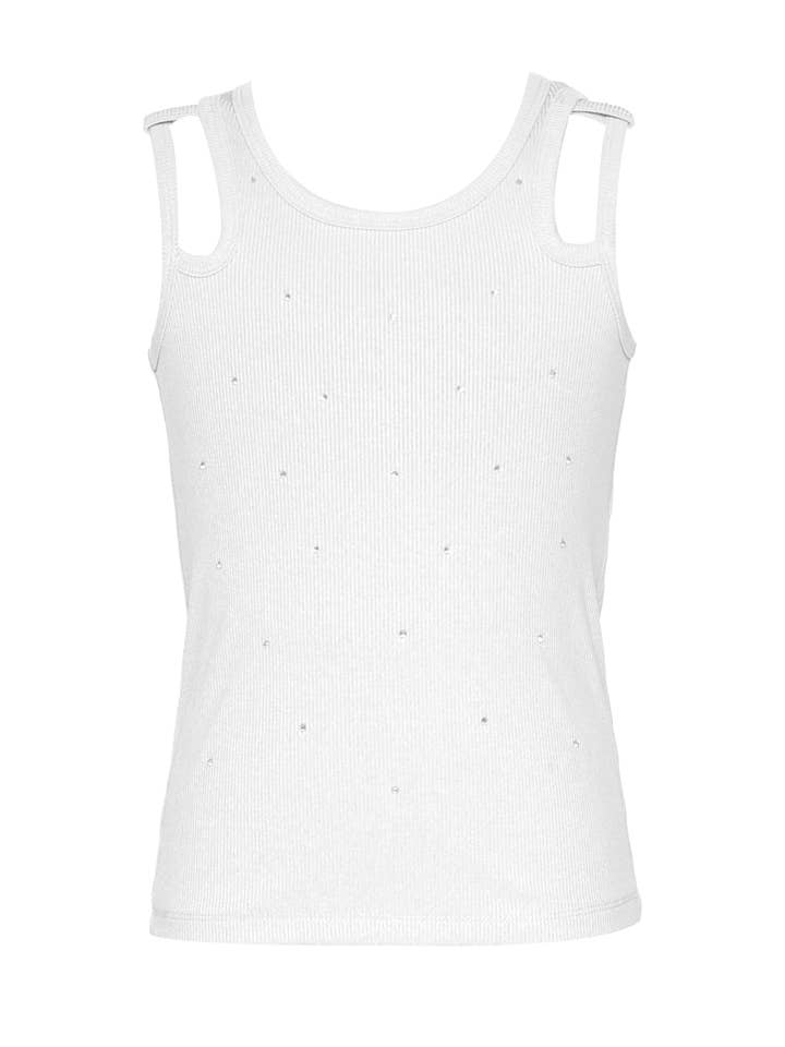 White Double Strap Rib Tank Top w/Rhinestones