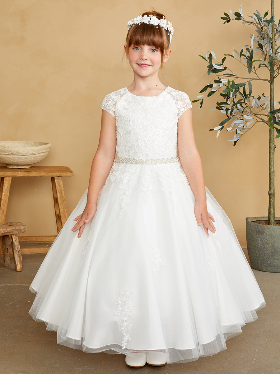 Lace Cap Sleeve Communion Dress with Lace Back Detail (White)