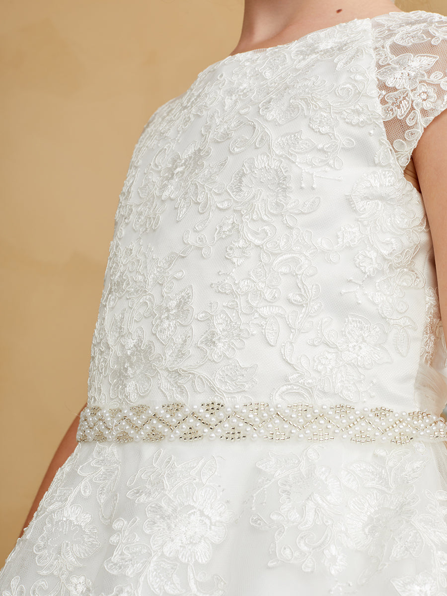 Lace Cap Sleeve Communion Dress with Lace Back Detail (White) My Darling Jeans Lace Cap Sleeve Communion Dress with Lace Back Detail (White) My Darling Jeans