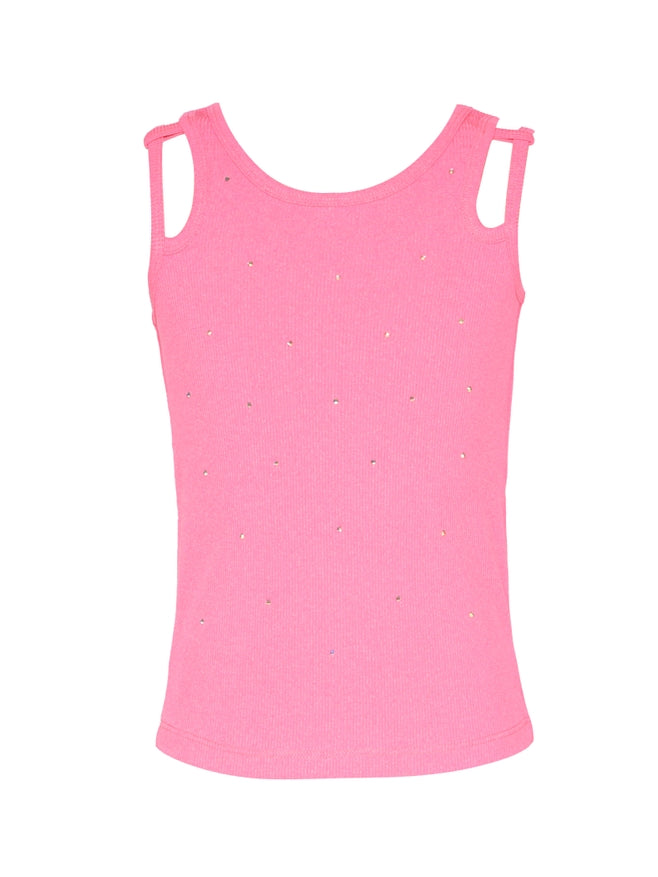 Pink Double Strap Rib Tank Top w/Rhinestones