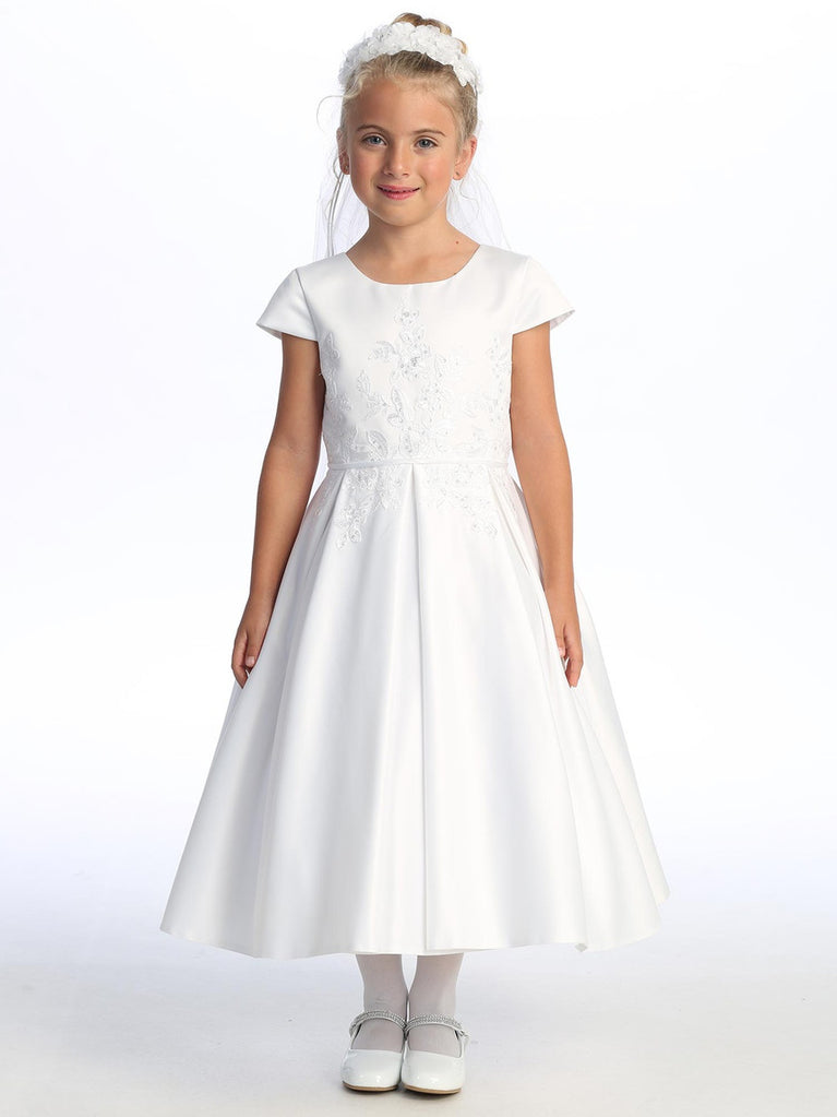 #SP735- White Satin Dress w/Embroidered Appliques & Sequins