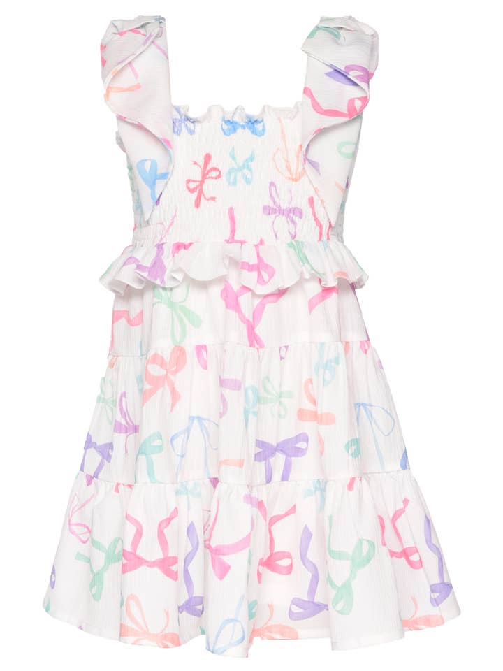 White Multi Bow Print Dress w/Bow Detail at Straps