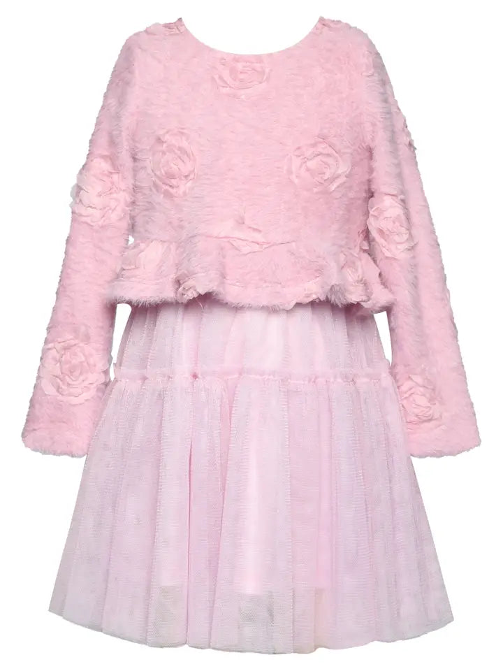 Lavender Fuzzy 3D Floral Twofer Tutu Dress