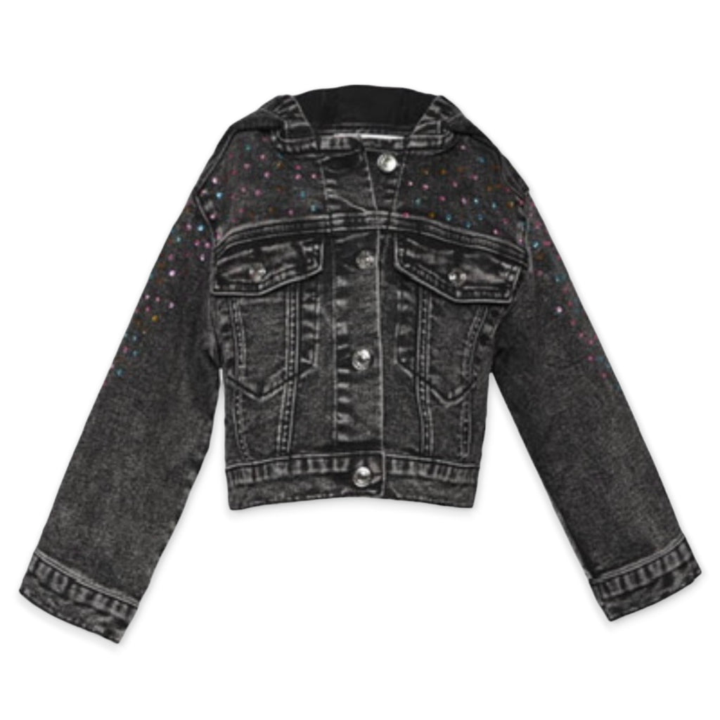 Black Hooded Denim Jacket w/Rhinestones
