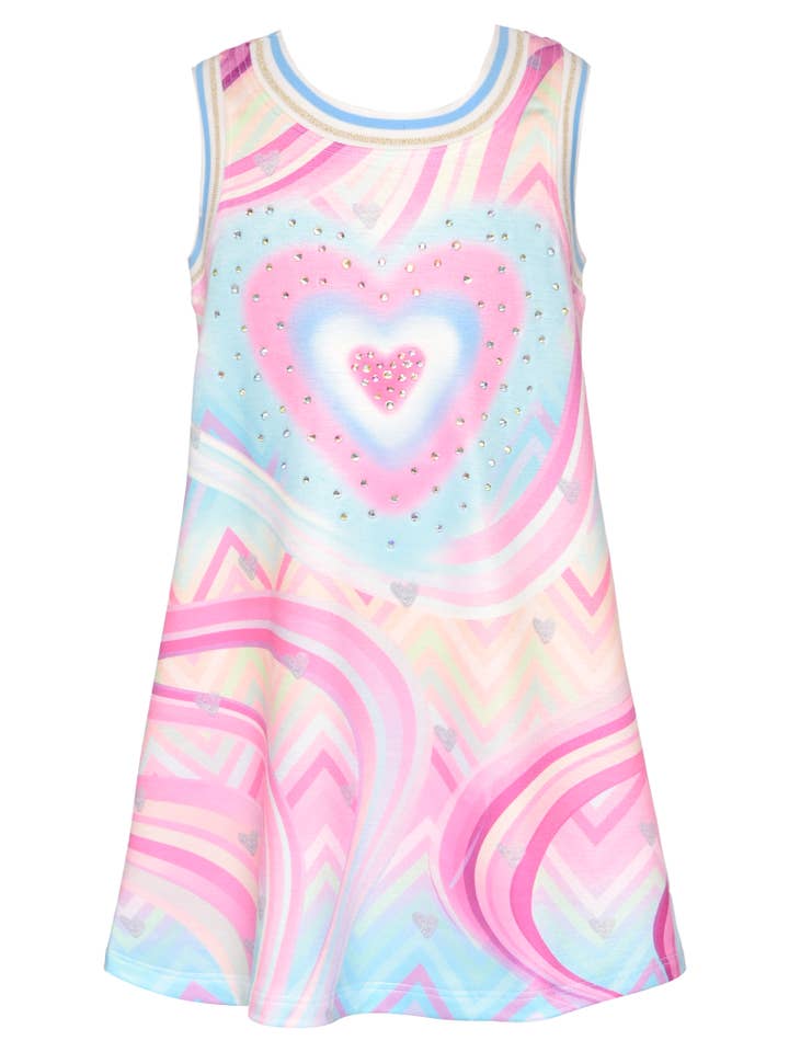 Blue Multi A-Line Heart Print Dress w/Rhinestones