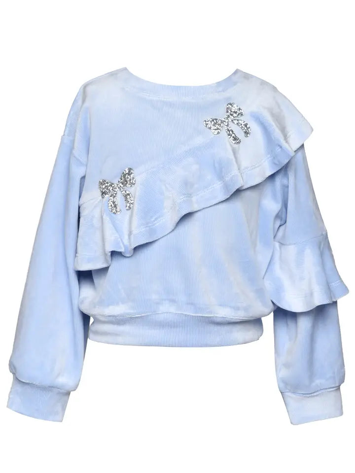 Light Blue L/S Velour Top w/Asymmetrical Ruffle