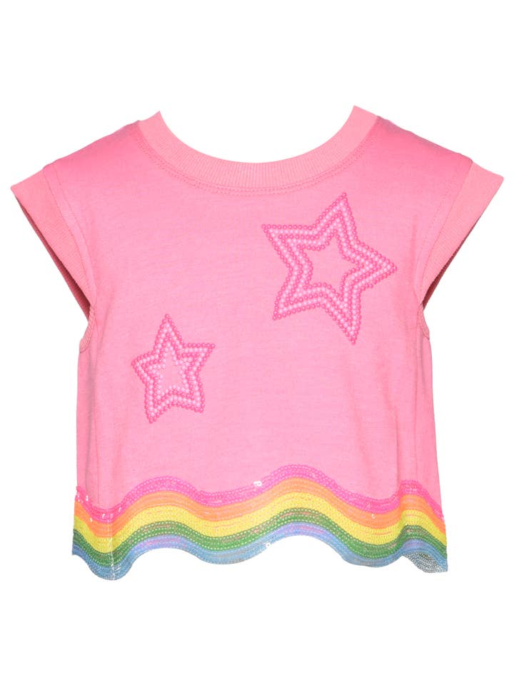 Pink Crop Top w/Star Detail & Swirl Sequin Trim