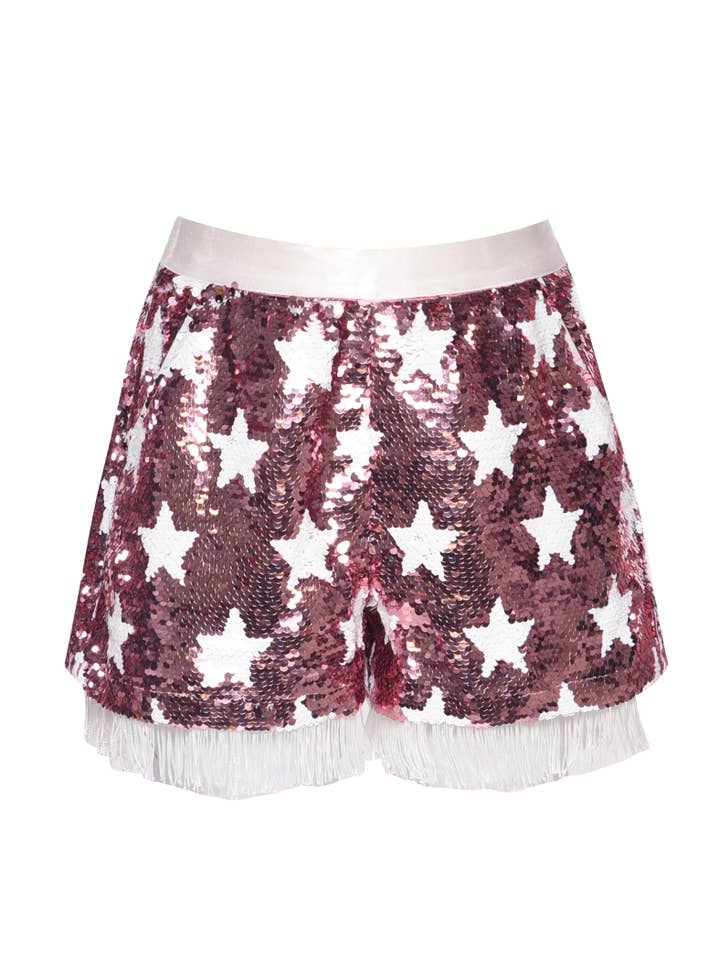 Pink Multi Sequin Star Pull on Shorts w/Fringe at Hem