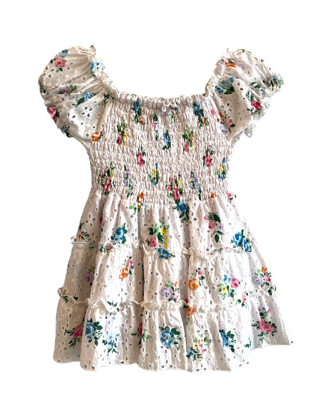 White Eyelet Dress with Multicolor Flowers