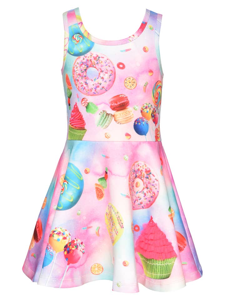 Pink Multi Donut & Cupcake Fit & Flare Printed Dress w/Rhinestones