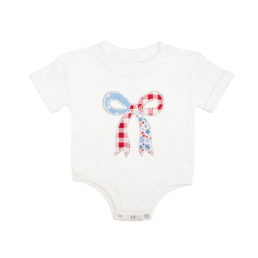 Patchwork Bow Patch Short Sleeve Romper - White
