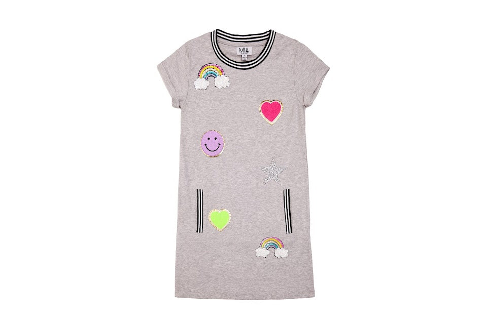 Gray LOVE Dress w/Multicolored Patches