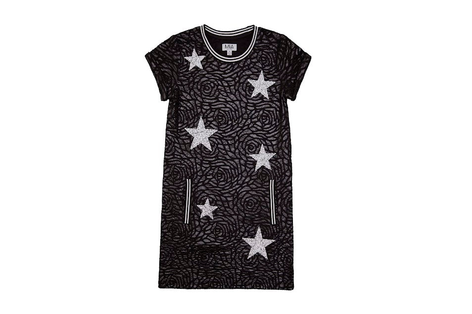 Textured Black Dress w/Rhinestone Star Patches