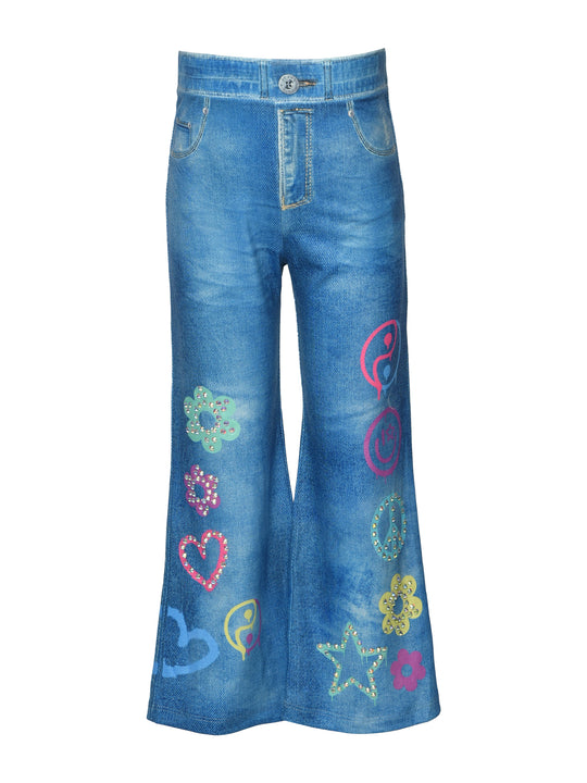 Blue Multi Denim Bell Bottom Pants w/Icon Details