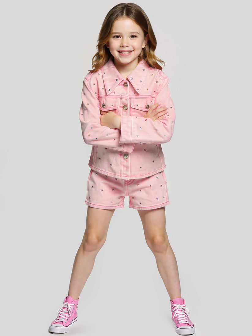 Pink Denim Shorts w/ All Over Rhinestones