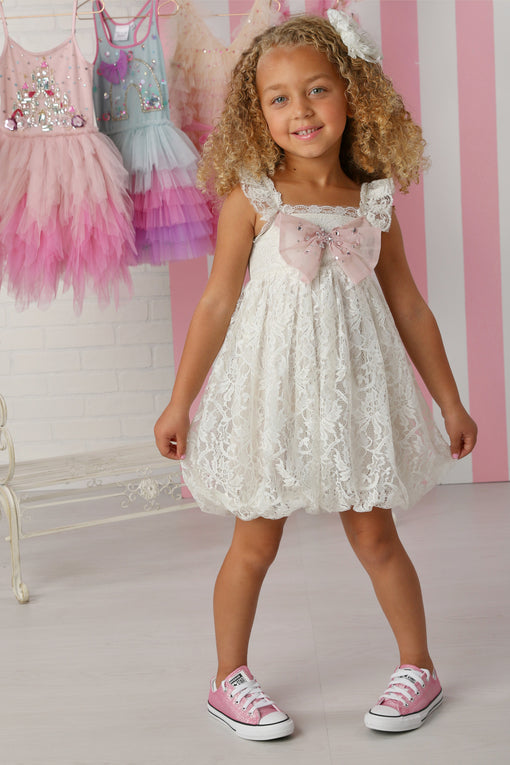 Bellany White Lace Dress w/Blush Tulle Bow