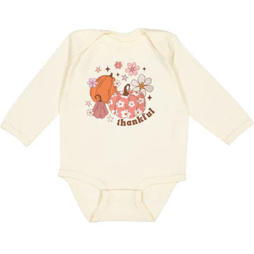 Thankful Pumpkin Daisy Thanksgiving LS Bodysuit- Natural