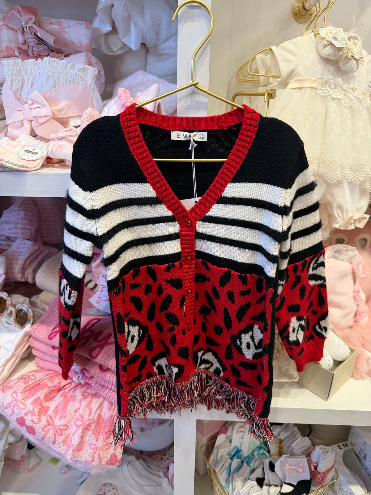 Black, White & Red Striped Button Down Sweater w/Fringe