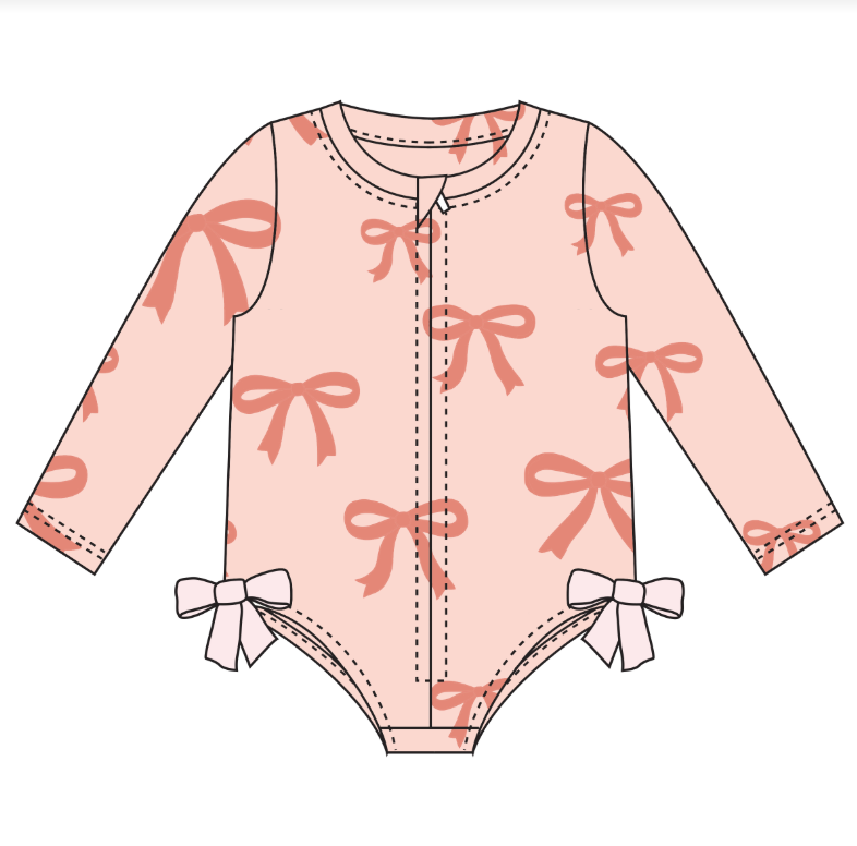 Big Bows Coral Malibu LS One-Piece w Bows-Pale Pink