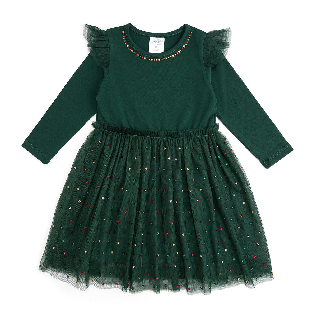 Emerald Rhinestone Christmas Long Sleeve Tutu Dress