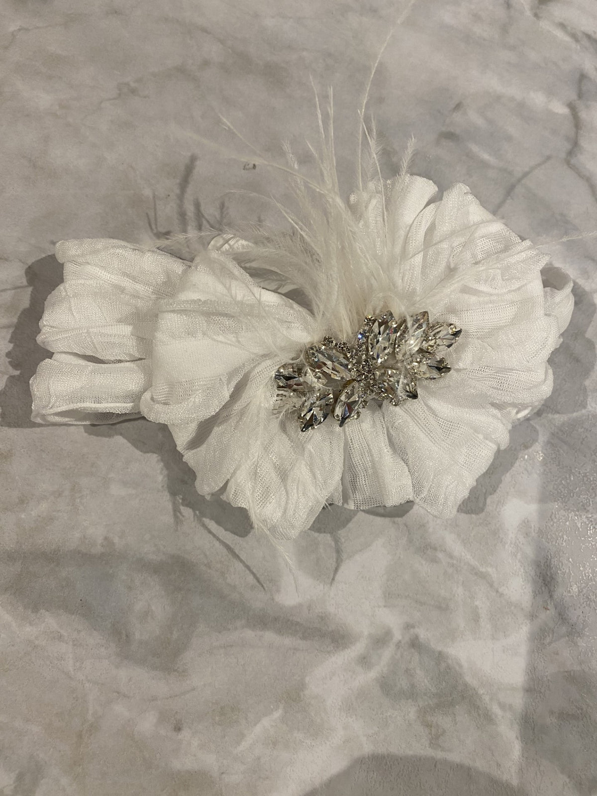 White Ruffled Headband w/Feather & Rhinestone Center