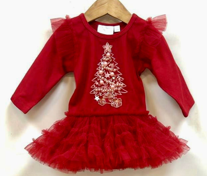 Ruby Jingle Ball Baby Onesie Dress w/Xmas Tree Applique