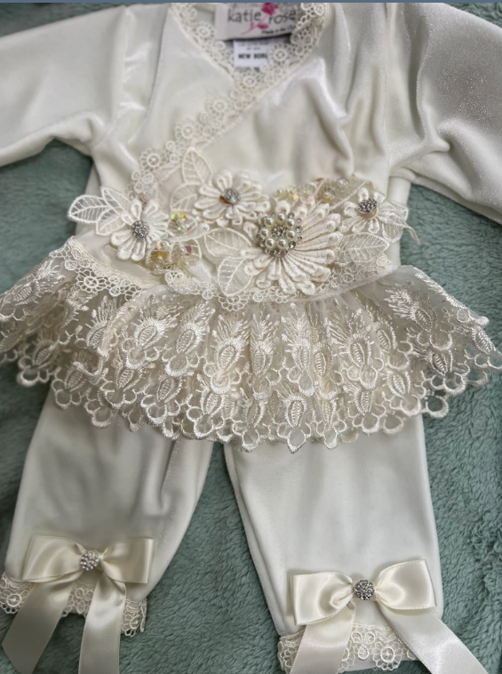 Gianna- Cream Velvet 2PC. Set w/Ivory Lace Ruffle & Embellishment