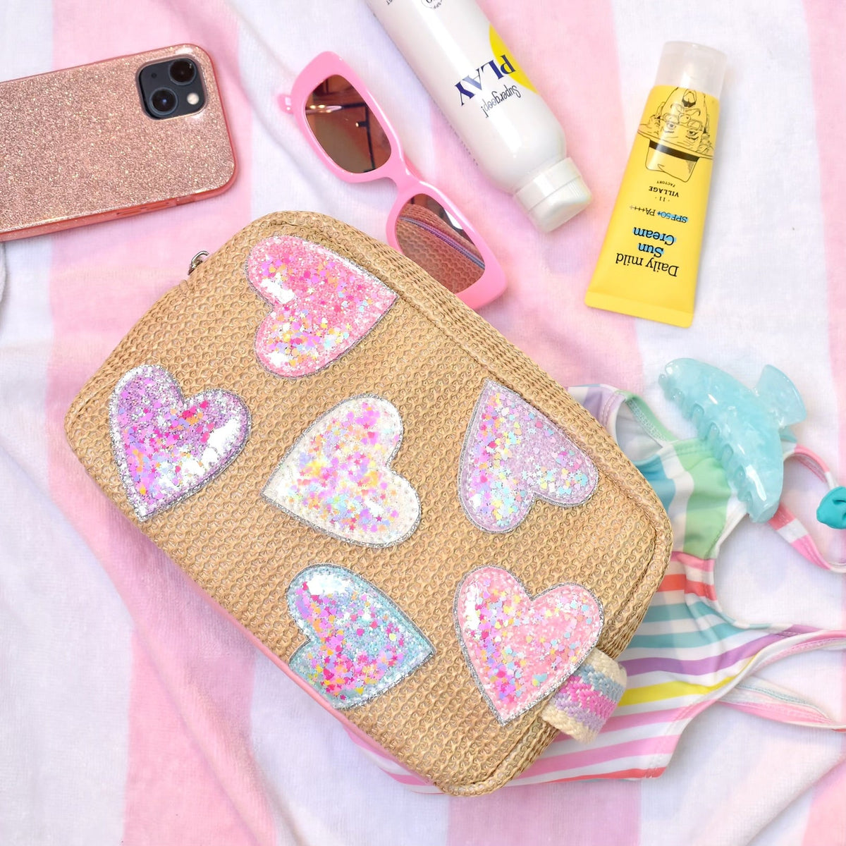 Confetti Heart Patched Straw Pouch