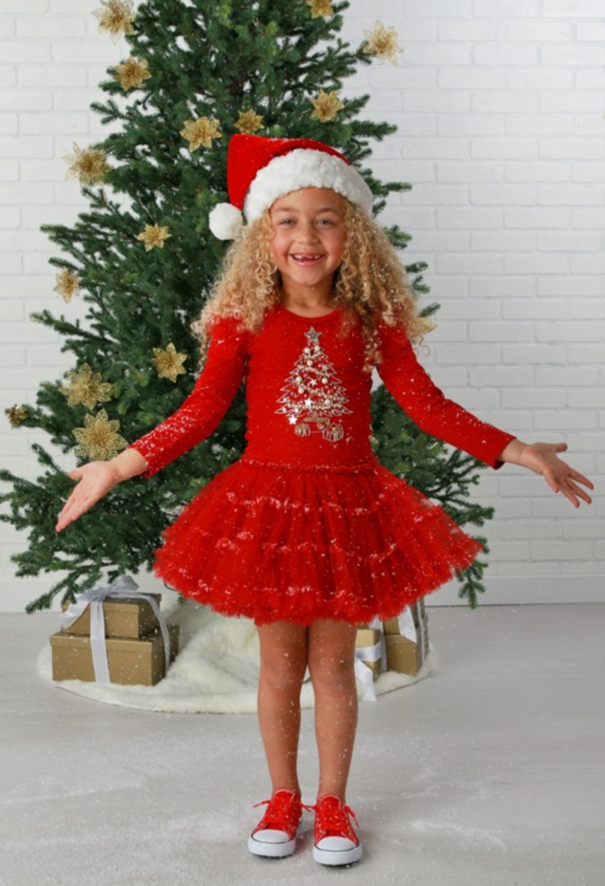 Ruby Jingle Ball Baby Dress w/Xmas Tree Applique