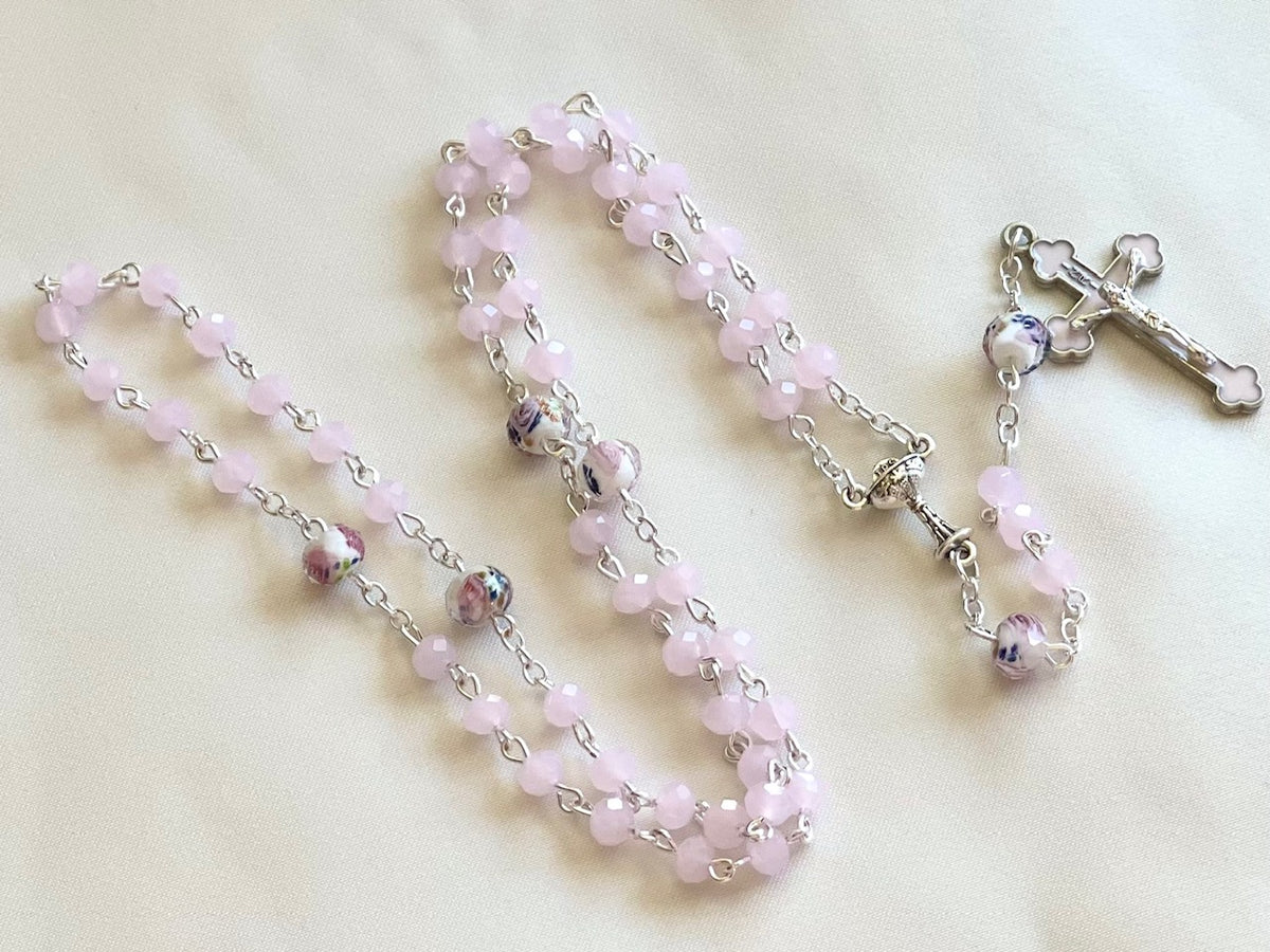 Lt. Pink Glass Bead Rosary w/Venetian Flower "Our Father" Beads- Boxed w/Lace Bag & Poem