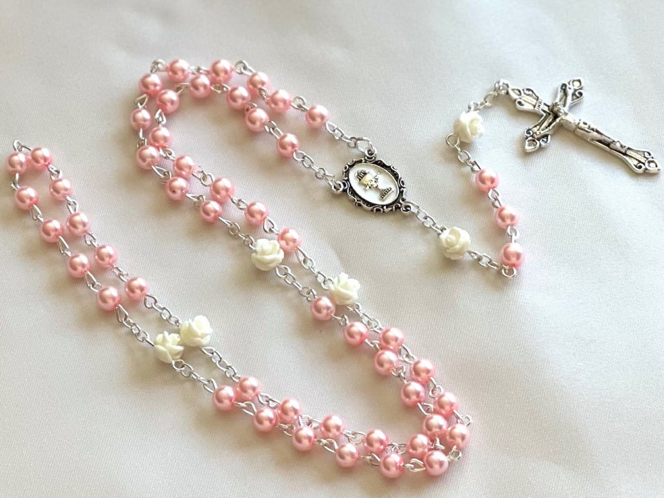 Pink Pearl 6mm Bead Rosary w/White Flowers